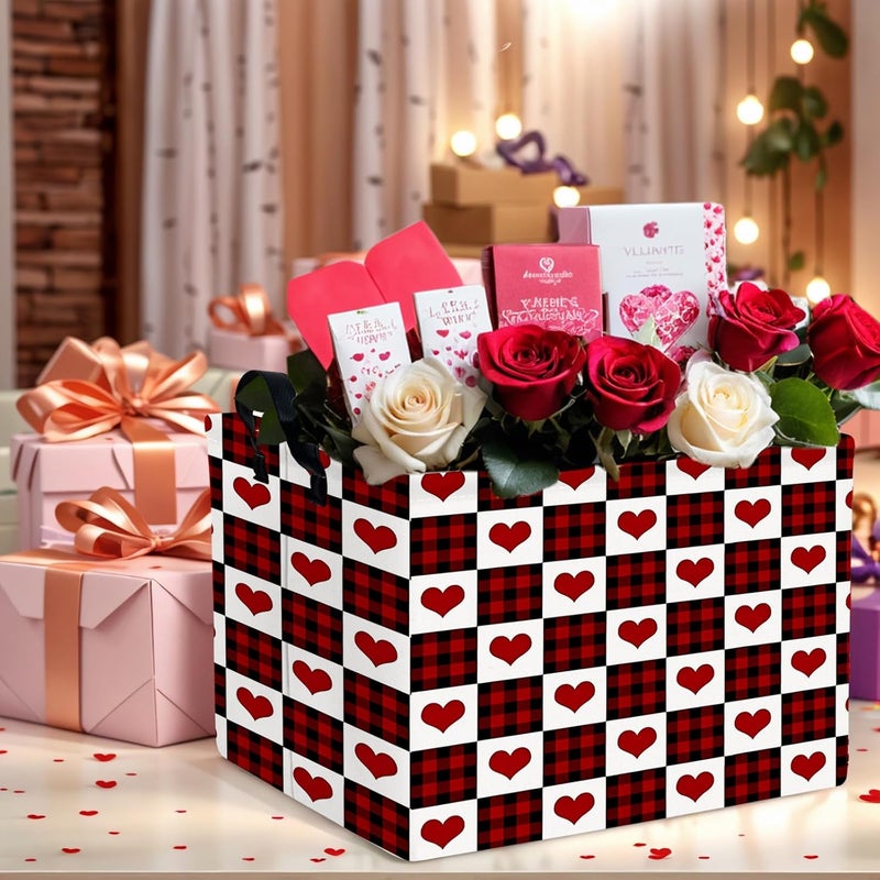 SETAMA Cute Large Valentine's Day Gift Basket Empty Heart Decor Storage Bin for Kid Baby Room Décor (Deep Red Black Grid) - Image 4